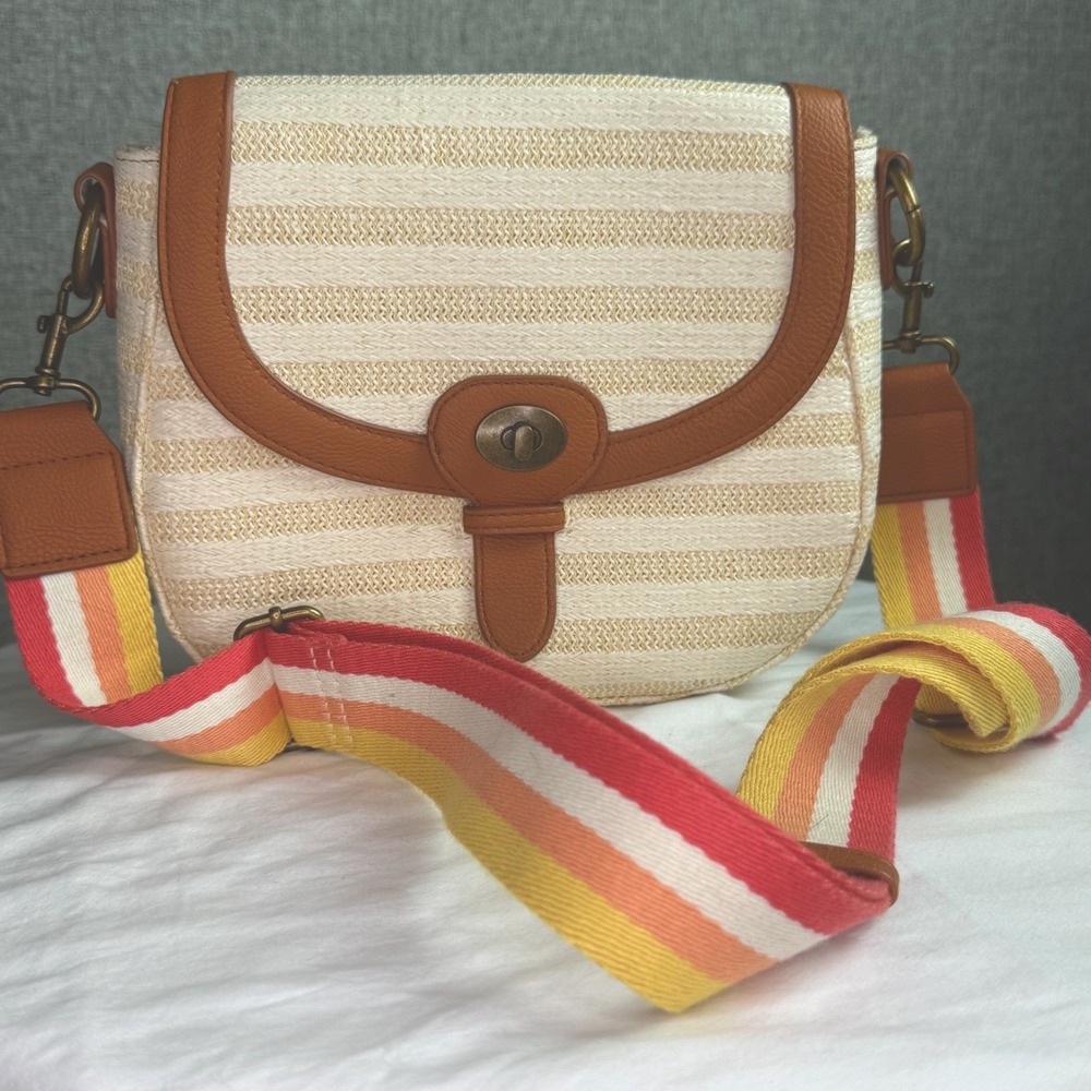 Universal Thread Saddle Bag Crossbody Natural‎ Tan Adjustable Yellow Pink Strap